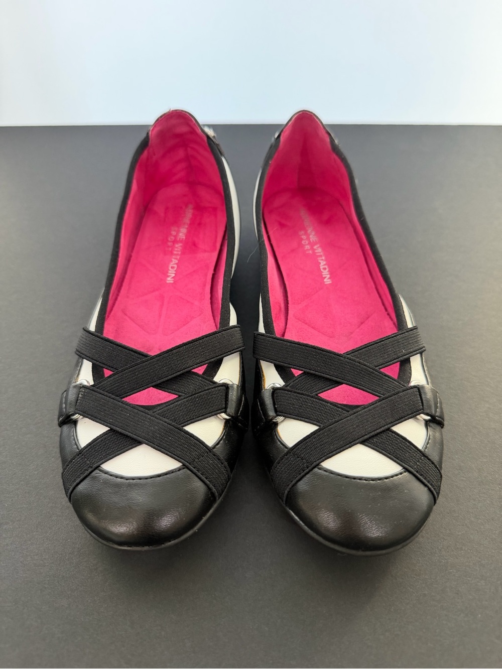 Adrienne Vittadini Black and White Cross-Strap Ballet Flats with Pink Insole